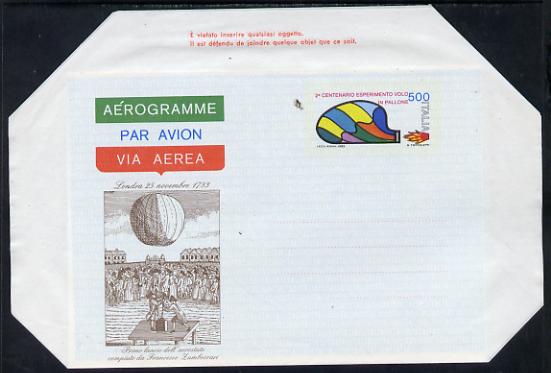Italy 1983 First Balloon Flight Anniversary 500L Aerogramme unused and fine, folded along fold lines, stamps on aviation, stamps on balloons