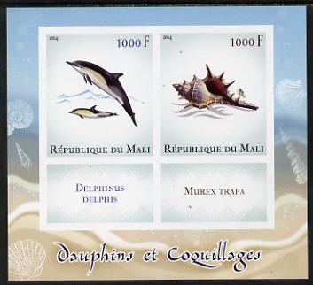 Mali 2014 Dolphins & Shells imperf sheetlet containing two values & two labels unmounted mint, stamps on marine life, stamps on dolphins, stamps on shells, stamps on whales