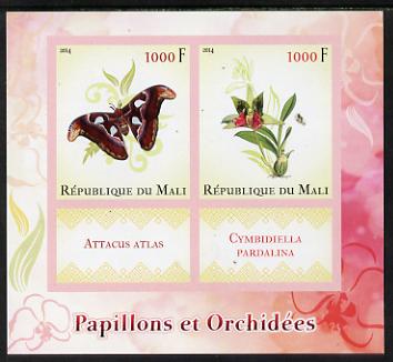 Mali 2014 Butterflies & Orchids imperf sheetlet containing two values & two labels unmounted mint, stamps on , stamps on  stamps on butterflies, stamps on  stamps on orchids, stamps on  stamps on flowers