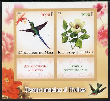 Mali 2014 Hummingbirds & Peonies imperf sheetlet containing two values & two labels unmounted mint, stamps on , stamps on  stamps on birds, stamps on  stamps on hummingbirds, stamps on  stamps on peonies, stamps on  stamps on flowers