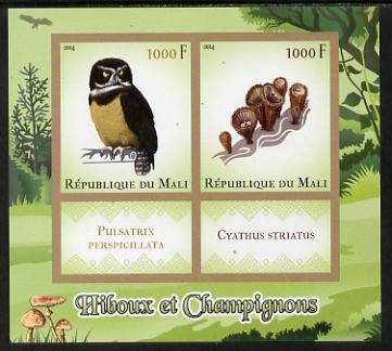 Mali 2014 Owls & Mushrooms imperf sheetlet containing two values & two labels unmounted mint, stamps on birds, stamps on birds of prey, stamps on owls, stamps on fungi