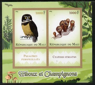 Mali 2014 Owls & Mushrooms imperf sheetlet containing two values & two labels unmounted mint, stamps on birds, stamps on birds of prey, stamps on owls, stamps on fungi