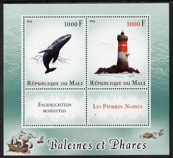 Mali 2014 Whales & Lighthouses perf sheetlet containing two values & two labels unmounted mint, stamps on marine life, stamps on lighthouses, stamps on whales