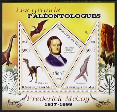 Mali 2014 Famous Paleontologists & Dinosaurs - Frederick McCoy perf sheetlet containing one diamond shaped & two triangular values unmounted mint, stamps on , stamps on  stamps on personalities, stamps on  stamps on dinosaurs