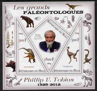 Mali 2014 Famous Paleontologists & Dinosaurs - Phillip V Tobias perf sheetlet containing one diamond shaped & two triangular values unmounted mint, stamps on personalities, stamps on dinosaurs