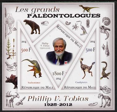 Mali 2014 Famous Paleontologists & Dinosaurs - Phillip V Tobias imperf sheetlet containing one diamond shaped & two triangular values unmounted mint, stamps on personalities, stamps on dinosaurs