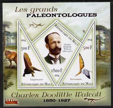 Mali 2014 Famous Paleontologists & Dinosaurs - Charles Doolittle Walcott perf sheetlet containing one diamond shaped & two triangular values unmounted mint, stamps on personalities, stamps on dinosaurs