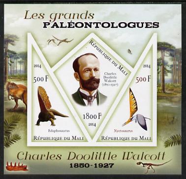 Mali 2014 Famous Paleontologists & Dinosaurs - Charles Doolittle Walcott imperf sheetlet containing one diamond shaped & two triangular values unmounted mint, stamps on personalities, stamps on dinosaurs