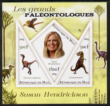 Mali 2014 Famous Paleontologists & Dinosaurs - Susan Hendrickson imperf sheetlet containing one diamond shaped & two triangular values unmounted mint, stamps on personalities, stamps on dinosaurs