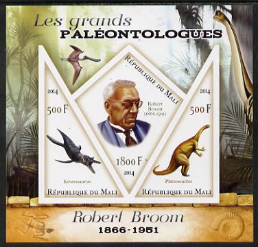 Mali 2014 Famous Paleontologists & Dinosaurs - Robert Broom imperf sheetlet containing one diamond shaped & two triangular values unmounted mint, stamps on personalities, stamps on dinosaurs