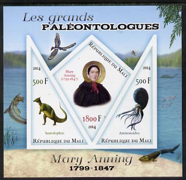 Mali 2014 Famous Paleontologists & Dinosaurs - Mary Anning imperf sheetlet containing one diamond shaped & two triangular values unmounted mint, stamps on personalities, stamps on dinosaurs