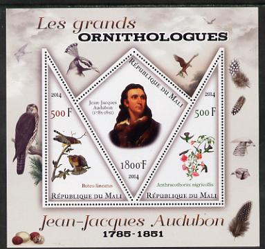 Mali 2014 Famous Ornithologists & Birds - John Audubon perf sheetlet containing one diamond shaped & two triangular values unmounted mint, stamps on personalities, stamps on birds, stamps on audubon