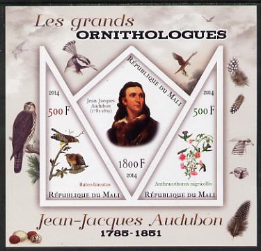 Mali 2014 Famous Ornithologists & Birds - John Audubon imperf sheetlet containing one diamond shaped & two triangular values unmounted mint, stamps on personalities, stamps on birds, stamps on audubon