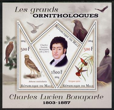 Mali 2014 Famous Ornithologists & Birds - Charles Lucien Bonaparte perf sheetlet containing one diamond shaped & two triangular values unmounted mint, stamps on , stamps on  stamps on personalities, stamps on  stamps on birds, stamps on  stamps on 