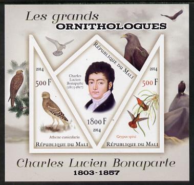 Mali 2014 Famous Ornithologists & Birds - Charles Lucien Bonaparte imperf sheetlet containing one diamond shaped & two triangular values unmounted mint, stamps on , stamps on  stamps on personalities, stamps on  stamps on birds, stamps on  stamps on 