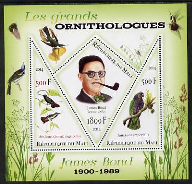 Mali 2014 Famous Ornithologists & Birds - James Bond perf sheetlet containing one diamond shaped & two triangular values unmounted mint, stamps on , stamps on  stamps on personalities, stamps on  stamps on birds, stamps on  stamps on 