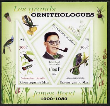 Mali 2014 Famous Ornithologists & Birds - James Bond imperf sheetlet containing one diamond shaped & two triangular values unmounted mint, stamps on personalities, stamps on birds, stamps on 