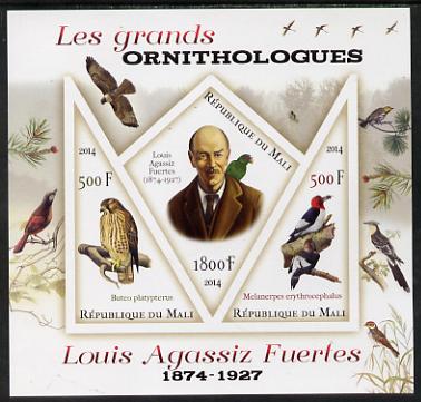 Mali 2014 Famous Ornithologists & Birds - Louis Agassiz Fuertes imperf sheetlet containing one diamond shaped & two triangular values unmounted mint, stamps on personalities, stamps on birds, stamps on 