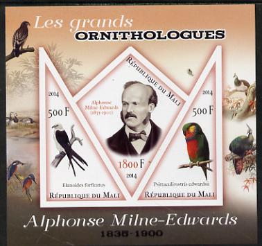 Mali 2014 Famous Ornithologists & Birds - Alphonse Milne-Edwards imperf sheetlet containing one diamond shaped & two triangular values unmounted mint, stamps on personalities, stamps on birds, stamps on 