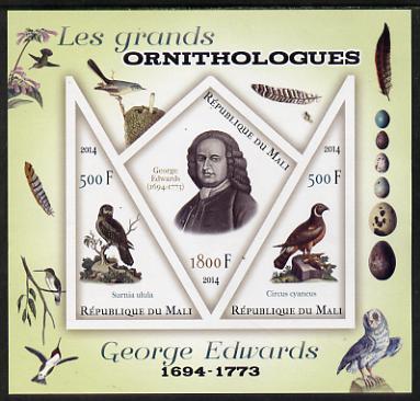 Mali 2014 Famous Ornithologists & Birds - George Edwards imperf sheetlet containing one diamond shaped & two triangular values unmounted mint, stamps on personalities, stamps on birds, stamps on 