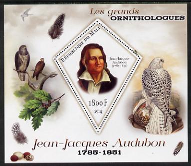 Mali 2014 Famous Ornithologists & Birds - John Audubon perf s/sheet containing one diamond shaped value unmounted mint, stamps on , stamps on  stamps on personalities, stamps on  stamps on birds, stamps on  stamps on audubon