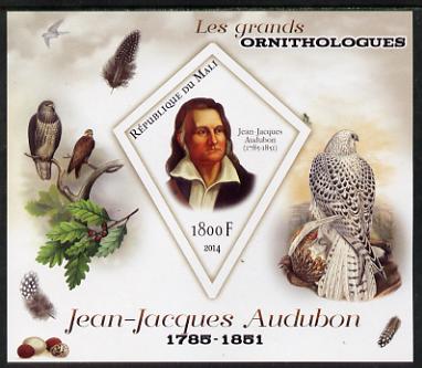 Mali 2014 Famous Ornithologists & Birds - John Audubon imperf s/sheet containing one diamond shaped value unmounted mint, stamps on , stamps on  stamps on personalities, stamps on  stamps on birds, stamps on  stamps on audubon