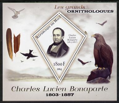 Mali 2014 Famous Ornithologists & Birds - Charles Lucien Bonaparte perf s/sheet containing one diamond shaped value unmounted mint, stamps on personalities, stamps on birds, stamps on 