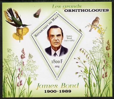 Mali 2014 Famous Ornithologists & Birds - James Bond perf s/sheet containing one diamond shaped value unmounted mint, stamps on , stamps on  stamps on personalities, stamps on  stamps on birds, stamps on  stamps on 