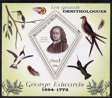 Mali 2014 Famous Ornithologists & Birds - George Edwards perf s/sheet containing one diamond shaped value unmounted mint, stamps on personalities, stamps on birds, stamps on 