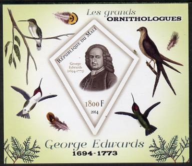 Mali 2014 Famous Ornithologists & Birds - George Edwards imperf s/sheet containing one diamond shaped value unmounted mint , stamps on personalities, stamps on birds, stamps on 