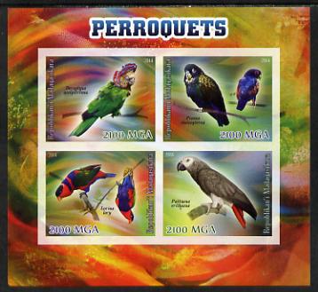 Madagascar 2014 Parrots imperf sheetlet containing 4 values unmounted mint, stamps on birds, stamps on parrots