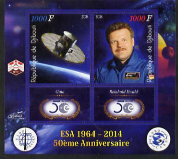 Djibouti 2014 50th Anniversary of European Space Agency - Gaia & Reinhold Ewald perf sheetlet containing 2 values plus 2 label unmounted mint, stamps on , stamps on  stamps on space, stamps on  stamps on personalities, stamps on  stamps on satellites, stamps on  stamps on  esa , stamps on  stamps on 