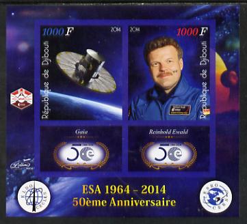 Djibouti 2014 50th Anniversary of European Space Agency - Gaia & Reinhold Ewald imperf sheetlet containing 2 values plus 2 label unmounted mint, stamps on , stamps on  stamps on space, stamps on  stamps on personalities, stamps on  stamps on satellites, stamps on  stamps on  esa , stamps on  stamps on 