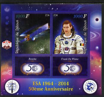 Djibouti 2014 50th Anniversary of European Space Agency - Rosetta & Frank de Winne perf sheetlet containing 2 values plus 2 label unmounted mint, stamps on , stamps on  stamps on space, stamps on  stamps on personalities, stamps on  stamps on satellites, stamps on  stamps on  esa , stamps on  stamps on 