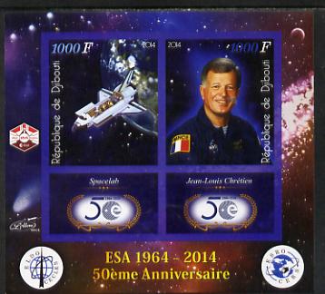 Djibouti 2014 50th Anniversary of European Space Agency - Spacelab & Jean-Louis Chretien imperf sheetlet containing 2 values plus 2 label unmounted mint, stamps on , stamps on  stamps on space, stamps on  stamps on personalities, stamps on  stamps on satellites, stamps on  stamps on  esa , stamps on  stamps on 