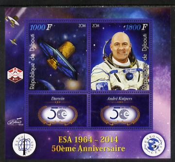 Djibouti 2014 50th Anniversary of European Space Agency - Darwin & Andre Kuipers perf sheetlet containing 2 values plus 2 label unmounted mint, stamps on , stamps on  stamps on space, stamps on  stamps on personalities, stamps on  stamps on satellites, stamps on  stamps on  esa , stamps on  stamps on 