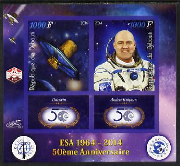 Djibouti 2014 50th Anniversary of European Space Agency - Darwin & Andre Kuipers imperf sheetlet containing 2 values plus 2 label unmounted mint, stamps on , stamps on  stamps on space, stamps on  stamps on personalities, stamps on  stamps on satellites, stamps on  stamps on  esa , stamps on  stamps on 