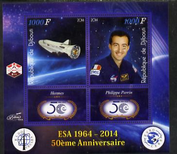 Djibouti 2014 50th Anniversary of European Space Agency - Hermes & Philippe Perrin perf sheetlet containing 2 values plus 2 label unmounted mint, stamps on , stamps on  stamps on space, stamps on  stamps on personalities, stamps on  stamps on satellites, stamps on  stamps on  esa , stamps on  stamps on 