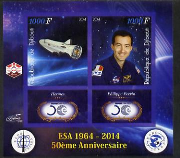 Djibouti 2014 50th Anniversary of European Space Agency - Hermes & Philippe Perrin imperf sheetlet containing 2 values plus 2 label unmounted mint, stamps on , stamps on  stamps on space, stamps on  stamps on personalities, stamps on  stamps on satellites, stamps on  stamps on  esa , stamps on  stamps on 