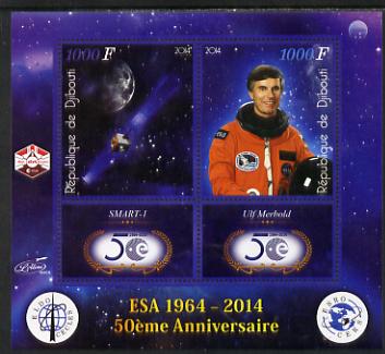 Djibouti 2014 50th Anniversary of European Space Agency - SMART-1 & Ulf Merbold perf sheetlet containing 2 values plus 2 label unmounted mint, stamps on , stamps on  stamps on space, stamps on  stamps on personalities, stamps on  stamps on satellites, stamps on  stamps on  esa , stamps on  stamps on 