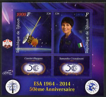 Djibouti 2014 50th Anniversary of European Space Agency - Cassini-Huygens & Samantha Cristoforetti perf sheetlet containing 2 values plus 2 label unmounted mint, stamps on space, stamps on personalities, stamps on satellites, stamps on  esa , stamps on 