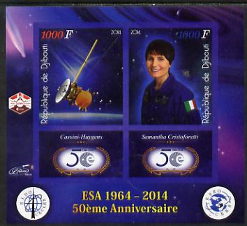 Djibouti 2014 50th Anniversary of European Space Agency - Cassini-Huygens & Samantha Cristoforetti imperf sheetlet containing 2 values plus 2 label unmounted mint, stamps on , stamps on  stamps on space, stamps on  stamps on personalities, stamps on  stamps on satellites, stamps on  stamps on  esa , stamps on  stamps on 