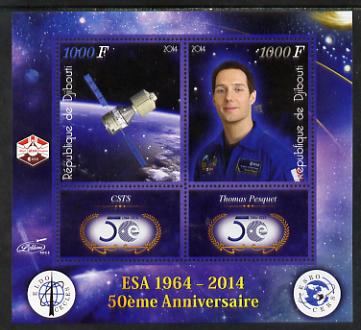 Djibouti 2014 50th Anniversary of European Space Agency - CSTS & Thomas Pesquet perf sheetlet containing 2 values plus 2 label unmounted mint, stamps on , stamps on  stamps on space, stamps on  stamps on personalities, stamps on  stamps on satellites, stamps on  stamps on  esa , stamps on  stamps on 