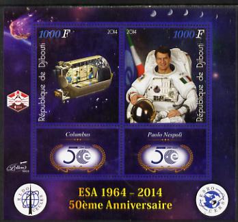 Djibouti 2014 50th Anniversary of European Space Agency - Columbus & Paolo Nespoli perf sheetlet containing 2 values plus 2 label unmounted mint, stamps on , stamps on  stamps on space, stamps on  stamps on personalities, stamps on  stamps on satellites, stamps on  stamps on  esa , stamps on  stamps on 