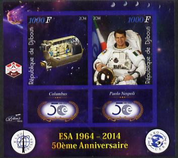 Djibouti 2014 50th Anniversary of European Space Agency - Columbus & Paolo Nespoli imperf sheetlet containing 2 values plus 2 label unmounted mint, stamps on space, stamps on personalities, stamps on satellites, stamps on  esa , stamps on 