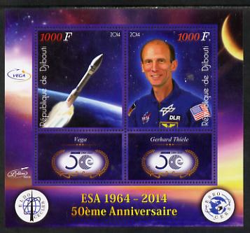 Djibouti 2014 50th Anniversary of European Space Agency - Vega & Gerhard Thiele perf sheetlet containing 2 values plus 2 label unmounted mint, stamps on , stamps on  stamps on space, stamps on  stamps on personalities, stamps on  stamps on satellites, stamps on  stamps on  esa , stamps on  stamps on 