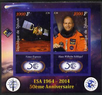 Djibouti 2014 50th Anniversary of European Space Agency - Venus Express & Hans Wilhelm Schlegel perf sheetlet containing 2 values plus 2 label unmounted mint, stamps on , stamps on  stamps on space, stamps on  stamps on personalities, stamps on  stamps on satellites, stamps on  stamps on  esa , stamps on  stamps on 