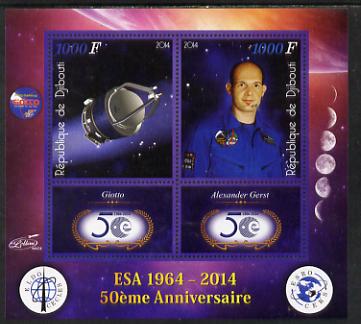 Djibouti 2014 50th Anniversary of European Space Agency - Giotto & Alexander Gerst perf sheetlet containing 2 values plus 2 label unmounted mint, stamps on , stamps on  stamps on space, stamps on  stamps on personalities, stamps on  stamps on satellites, stamps on  stamps on  esa , stamps on  stamps on 