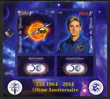 Djibouti 2014 50th Anniversary of European Space Agency - BepiColombo & Leopold Eyharts perf sheetlet containing 2 values plus 2 label unmounted mint, stamps on , stamps on  stamps on space, stamps on  stamps on personalities, stamps on  stamps on satellites, stamps on  stamps on  esa , stamps on  stamps on 