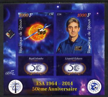 Djibouti 2014 50th Anniversary of European Space Agency - BepiColombo & Leopold Eyharts imperf sheetlet containing 2 values plus 2 label unmounted mint, stamps on , stamps on  stamps on space, stamps on  stamps on personalities, stamps on  stamps on satellites, stamps on  stamps on  esa , stamps on  stamps on 